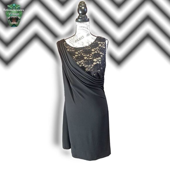 VINTAGE 1990’s Whimsygoth Stretch Nude Lace Little Black Dress, Size 14 Plus Siz - Picture 4 of 7